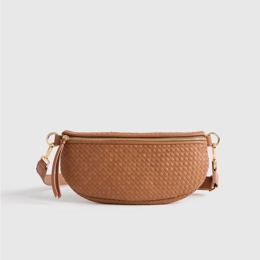Quince Woven Leather Crossbody in Cognac Brown with Gold Hardware